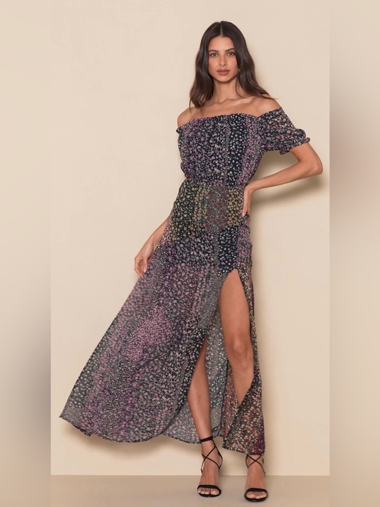 lulus Dresses & Skirts - Lulus Neva Navy Ditsy Floral Patchwork Off Shoulder Maxi Dress Size M NEW